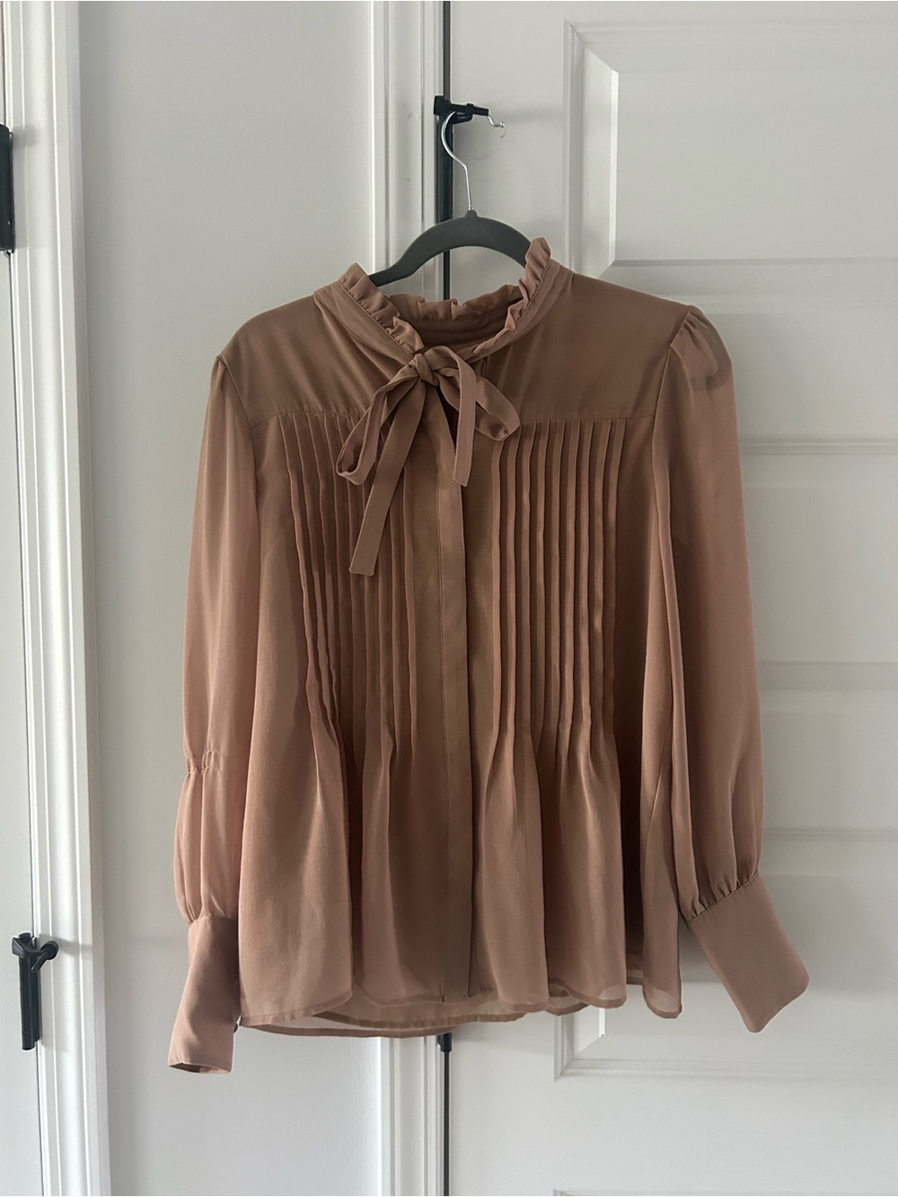 Women's Light Brown Ruffle Neck Tie-Front Blouse